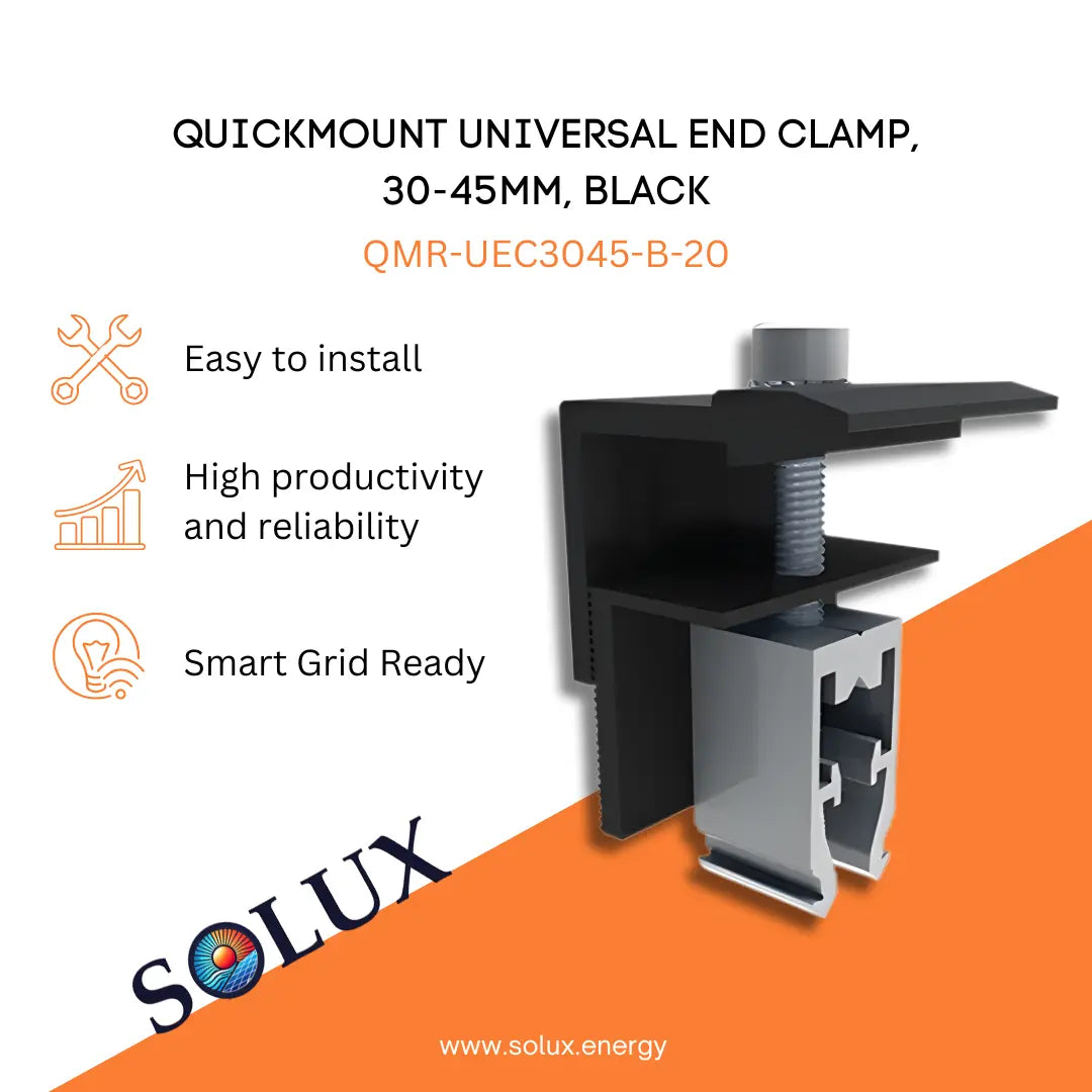 Marketing graphic for the QuickMount IronRidge Universal End Clamp 30-45mm, Mill (QMR-UEC3045-A-20), featuring a silver mill-finish aluminum end-clamp assembly compatible with module frames between 30-45mm. The image includes SOLUX branding and icons for easy installation, high productivity/reliability, and smart grid readiness.